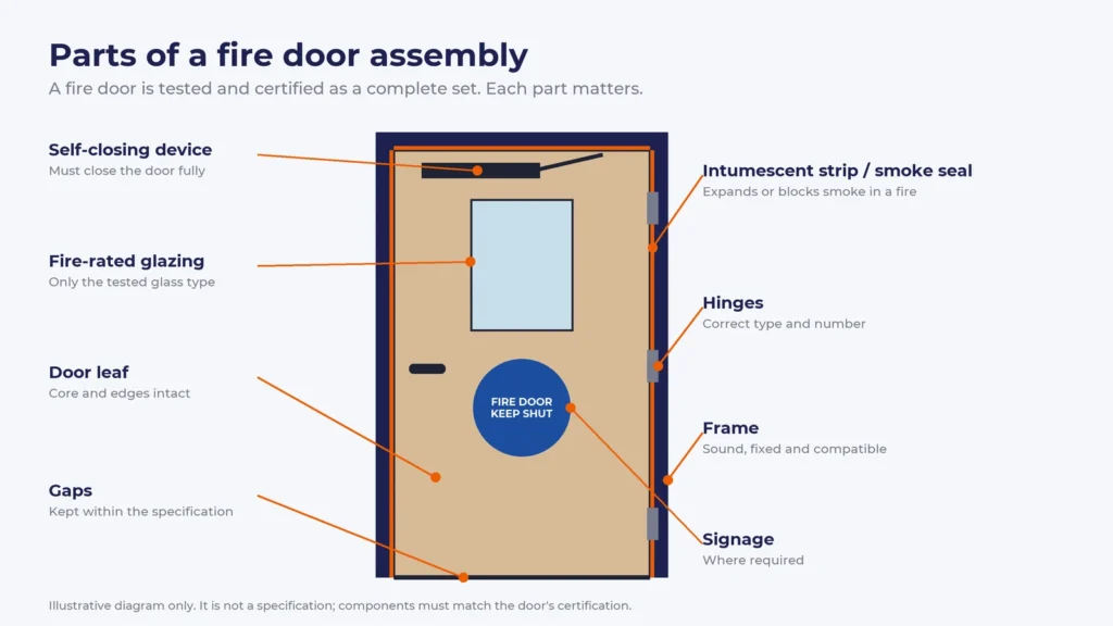 Labelled diagram of a fire door assembly: self-closing device, fire-rated glazing, door leaf, gaps, intumescent strip and smoke seal, hinges, frame and signage